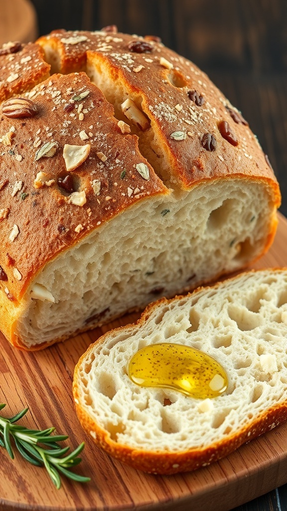 Sourdough Bread with Flavorful Add-Ins A loaf of sourdough bread with cheese and herbs, sliced on a wooden board with olive oil.